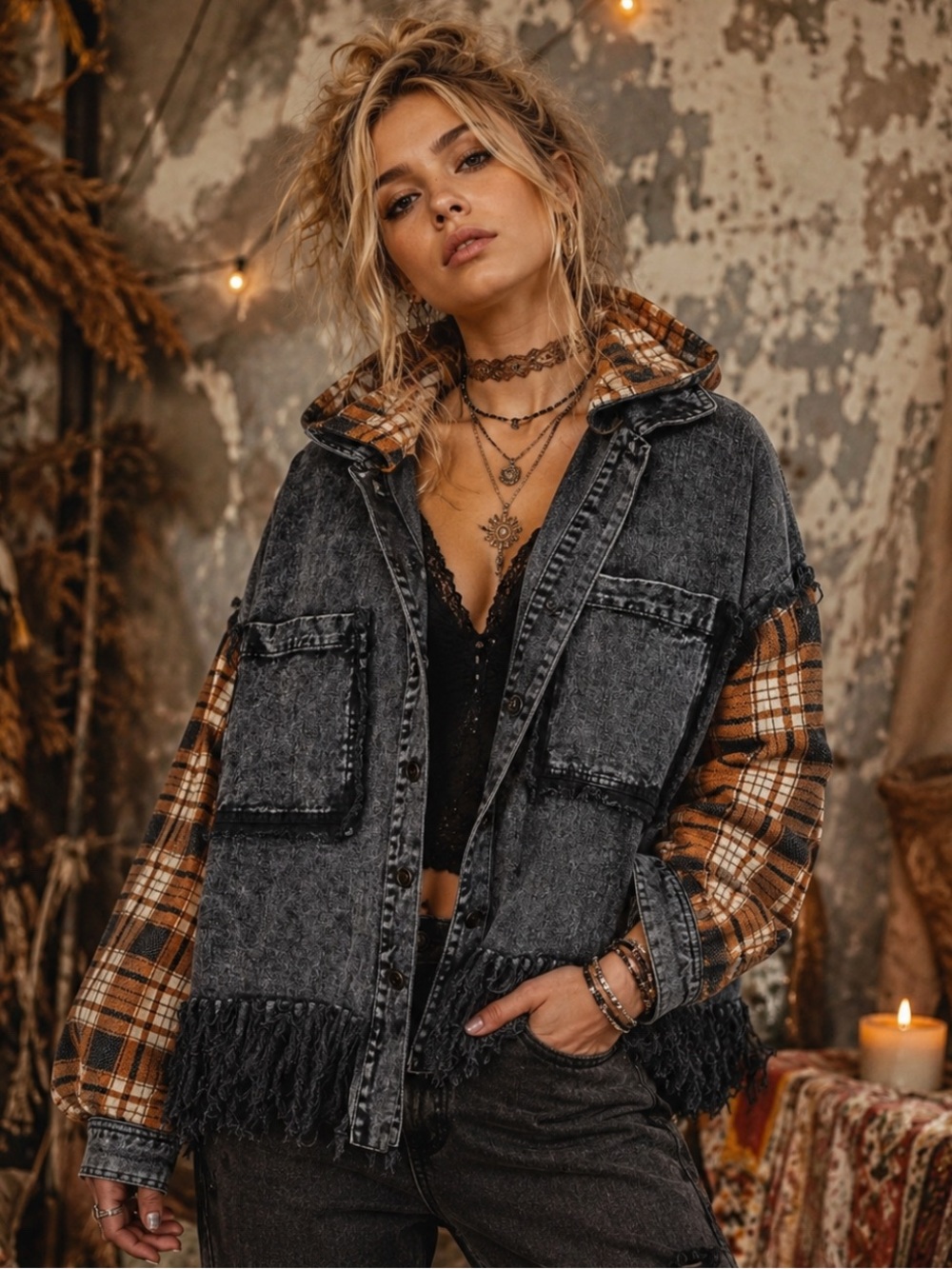 Gilded Intent Plaid Hoodie Jean Jacket Size Medium Fringe Cropped Boxy Grunge